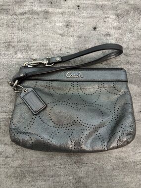 Coach Silver Sparkly Perforated Signature Wristlet Purse Wallet With Coach Tag